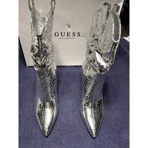 GUESS Women's Silver Benisa Pointy Toe Western Heeled Scrunch Booties 7 M